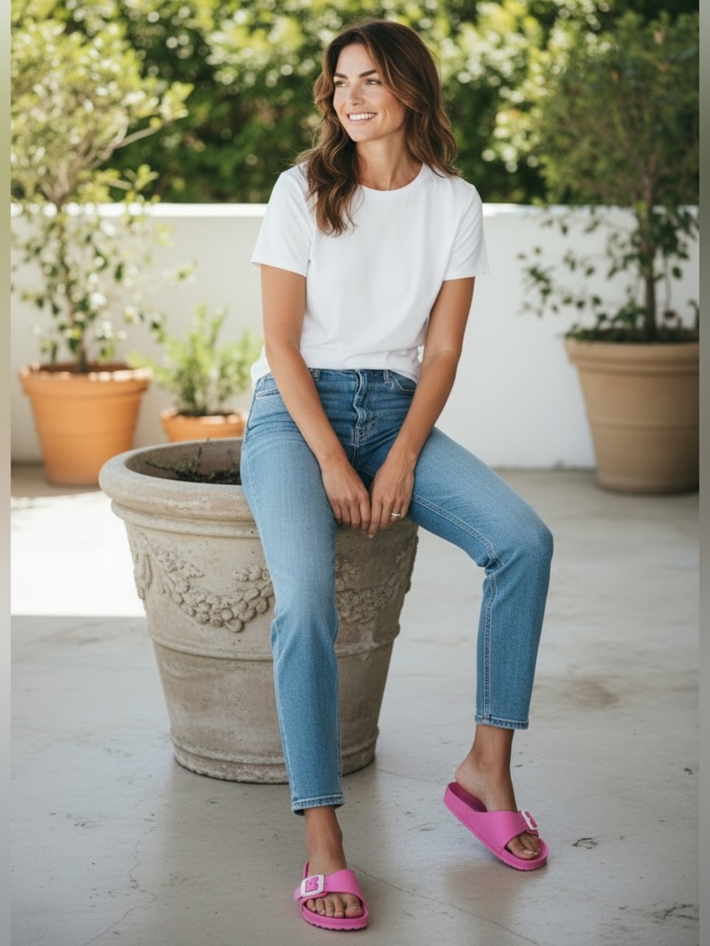 Birkenstock Pink Madrid EVA Single-Strap Slide Sandals with White Buckles